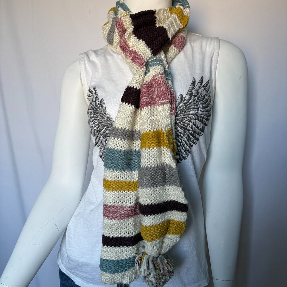 Vibrant Multicolored Knit Scarf with Pom-Pom Detail